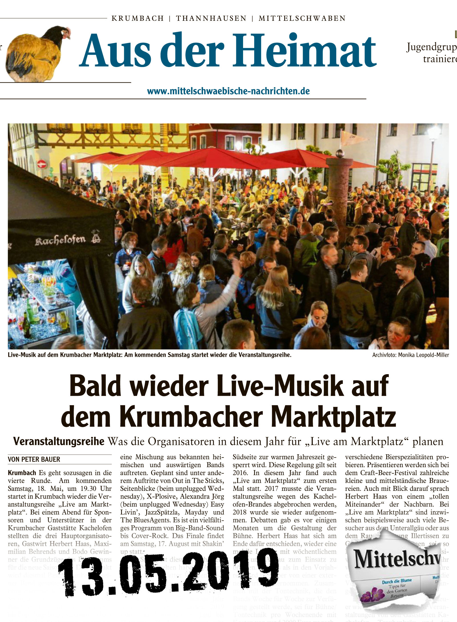 Mittelschwaebische Nachrichten vom 13.05.2019 "live am Marktplatz" Start in die Saison 2019