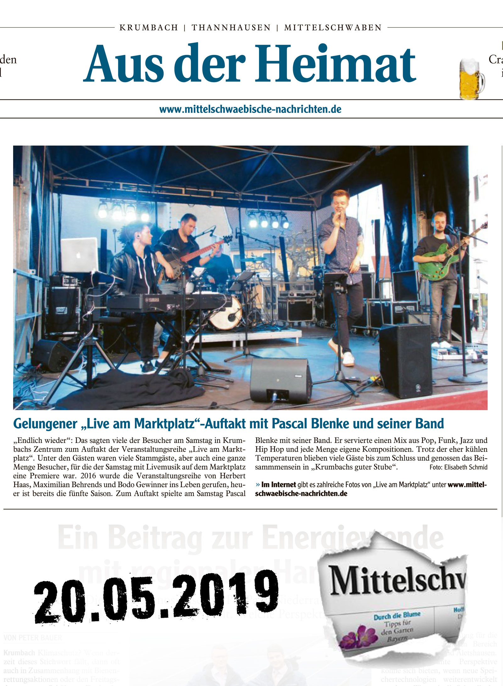 Mittelschwaebische Nachrichten vom 20.05.2019 "live am Marktplatz" gelungener Auftakt mit Pascal Blenke